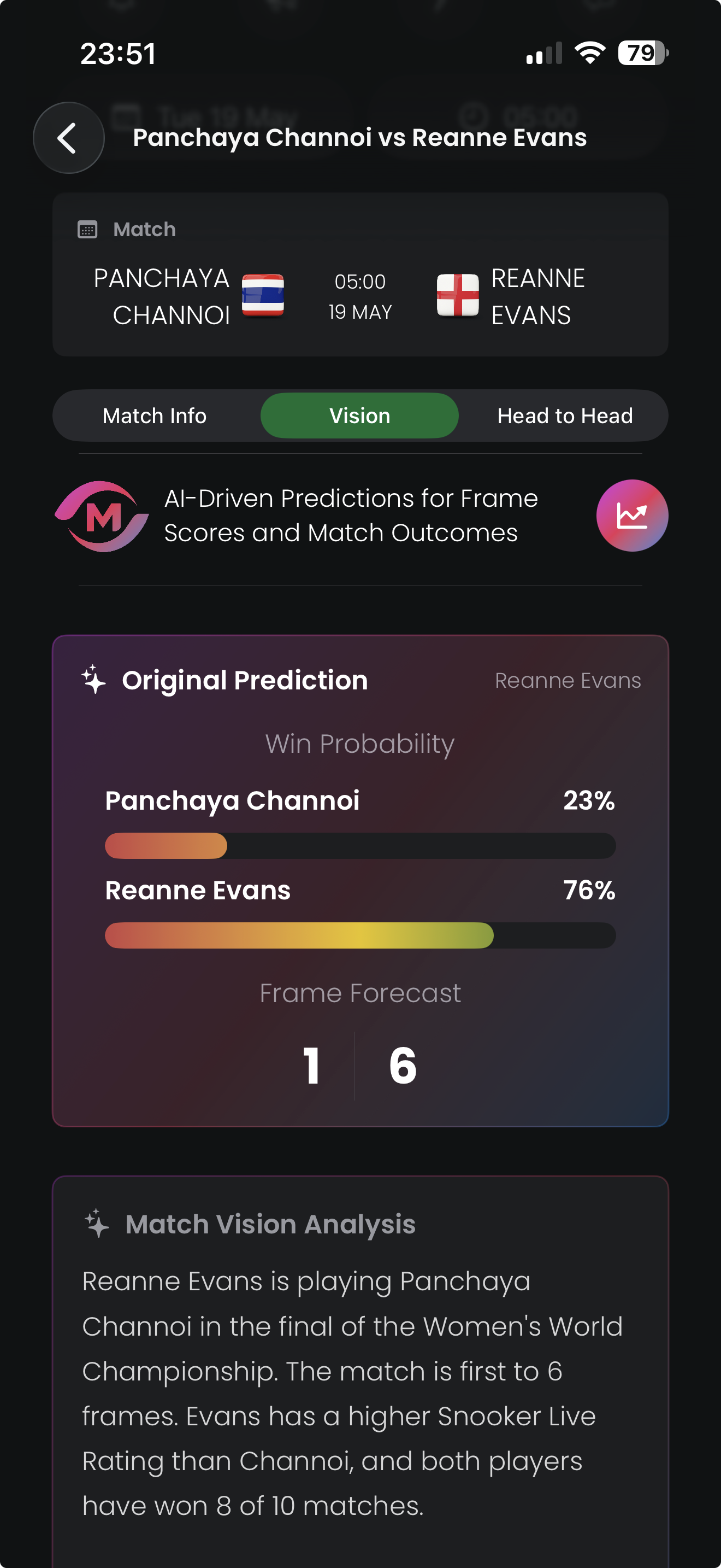 Match Vision prediction cards in Snooker Live